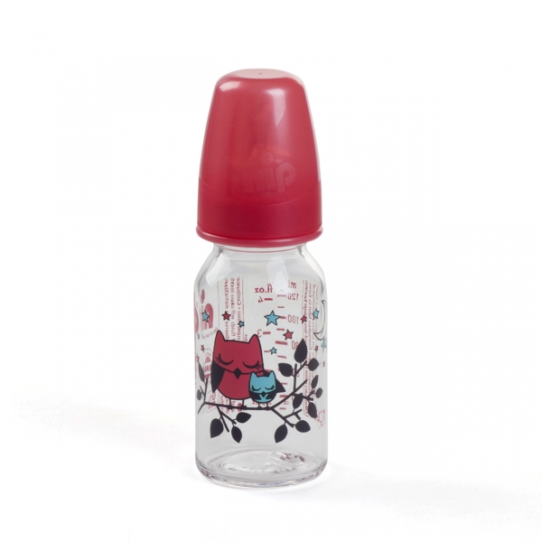 Bình sữa thủy tinh Nip núm ty silicone, cổ thường 125ml (NIP35070, Đỏ)