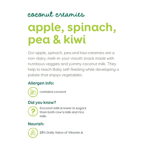 Snack rau và trái cây sấy khô với sữa dừa vị táo, rau bina, đậu xanh và kiwi Happy Baby Organic Creamies