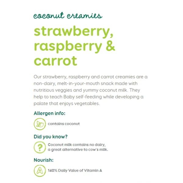 Snack rau và trái cây sấy khô với sữa dừa vị dâu, mâm xôi và cà rốt Happy Baby Organic Creamies