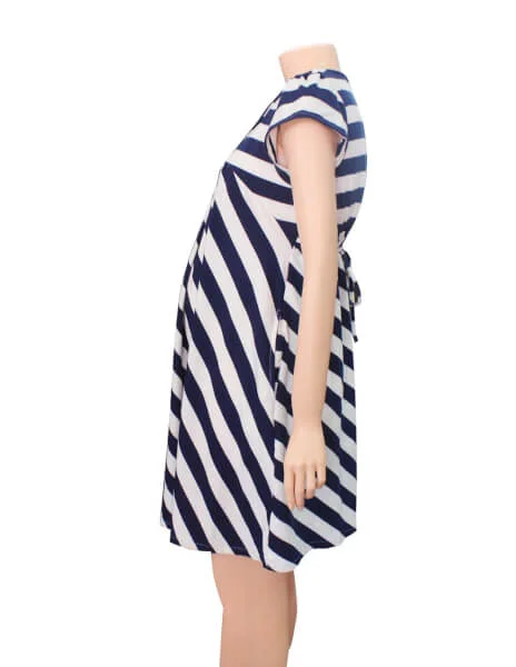 Đầm bầu sọc xéo xanh đen phối trắng