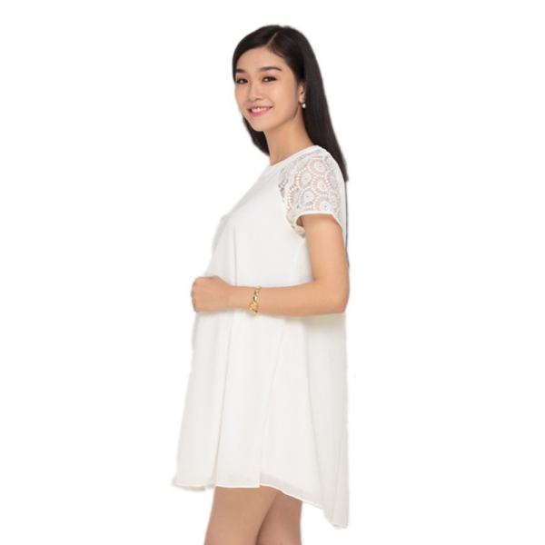 Đầm voan tay ngắn phối ren