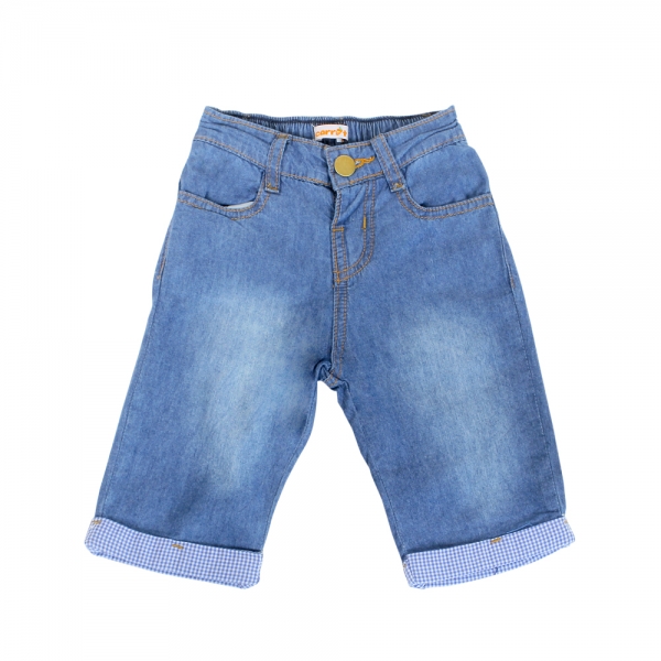 Quần jeans bé trai lửng túi lai phối caro xanh