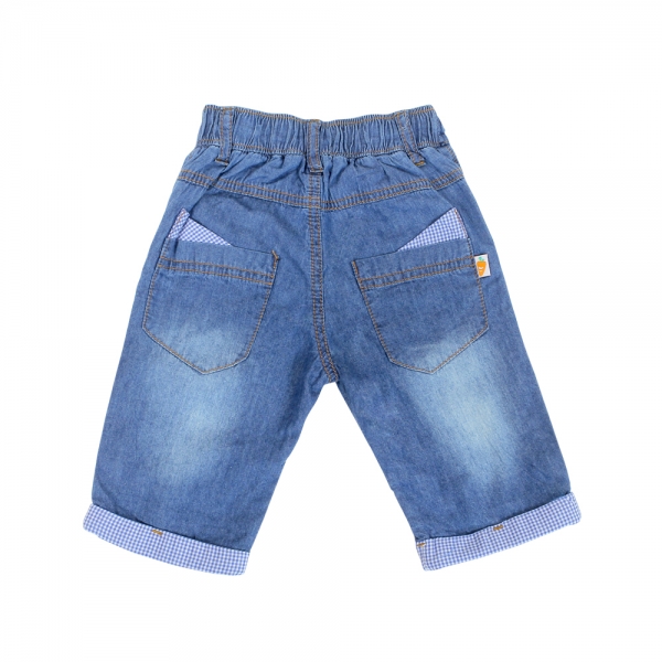 Quần jeans bé trai lửng túi lai phối caro xanh