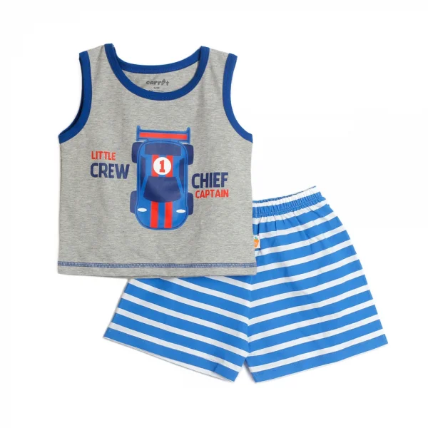 Bộ thun bé trai sát nách in xe quần sọc