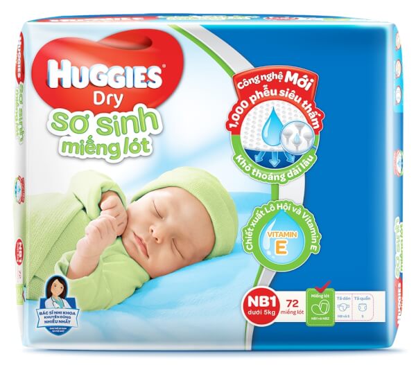 Miếng lót Huggies Newborn 1, dưới 5kg, 72 miếng