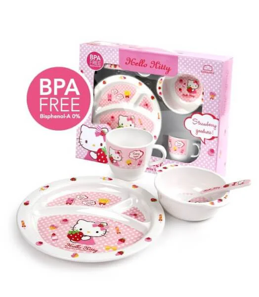 Bộ đồ ăn cho bé bằng nhựa melamin Hello Kitty Set 4P, LKT461S4
