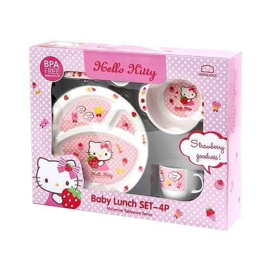 Bộ đồ ăn cho bé bằng nhựa melamin Hello Kitty Set 4P, LKT461S4