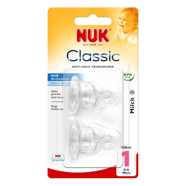 Núm ty bình sữa silicone số 1 Nuk 2 cái,M, 0-6M