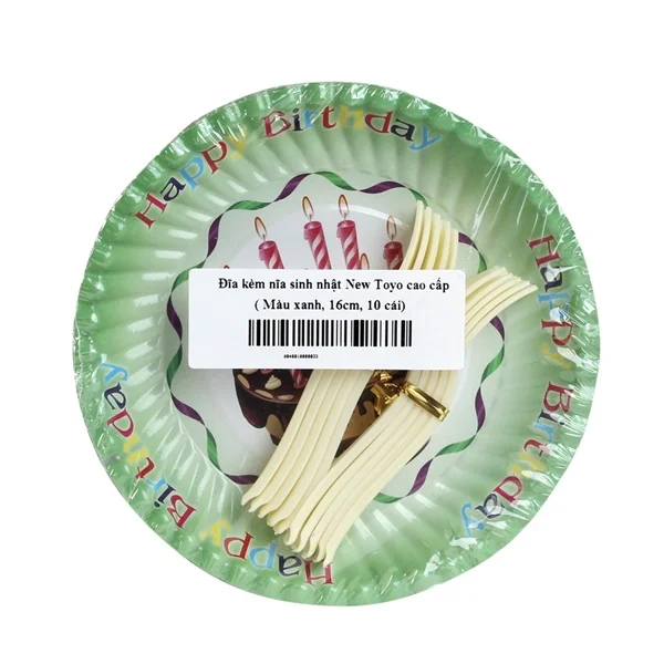 Bộ 10 đĩa kèm nĩa sinh nhật New Toyo cao cấp 16cm màu xanh