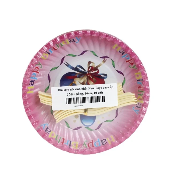 Bộ 10 đĩa kèm nĩa sinh nhật New Toyo cao cấp 16cm màu hồng