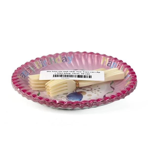 Bộ 10 đĩa kèm nĩa sinh nhật New Toyo cao cấp 16cm màu hồng
