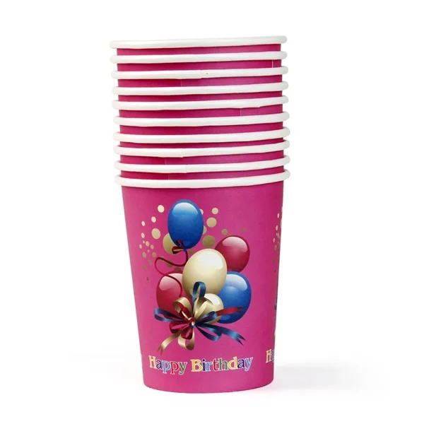 Bộ 10 ly giấy sinh nhật in hình New Toyo cao cấp 8oz màu hồng