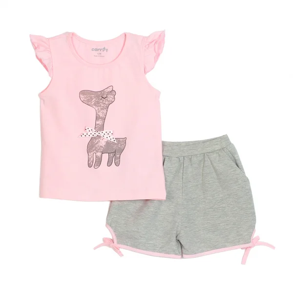 Bộ thun bé gái sát nách in hươu xám