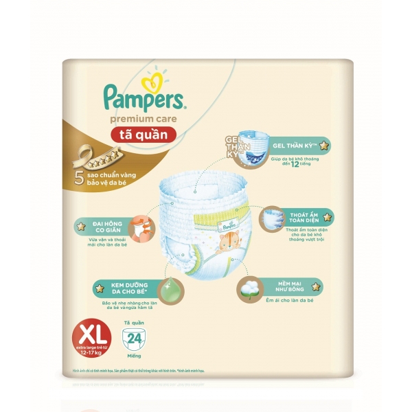 Tã quần Pampers cao cấp, size XL, 12-16kg, 24 miếng