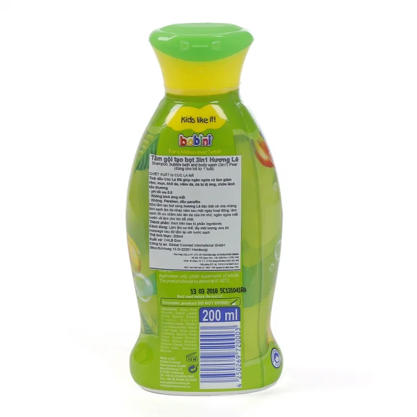 Sữa tắm gội tạo bọt 3in1 Bobini, hương lê, 200ml