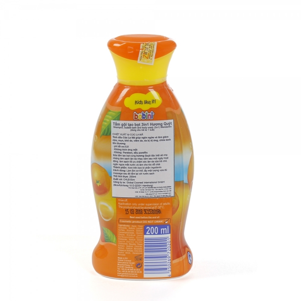 Sữa tắm gội tạo bọt 3in1 Bobini, hương quýt, 200ml
