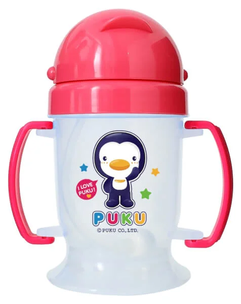 Bình uống nước ống hút có tay cầm Puku (180ml, P14716, Hồng)