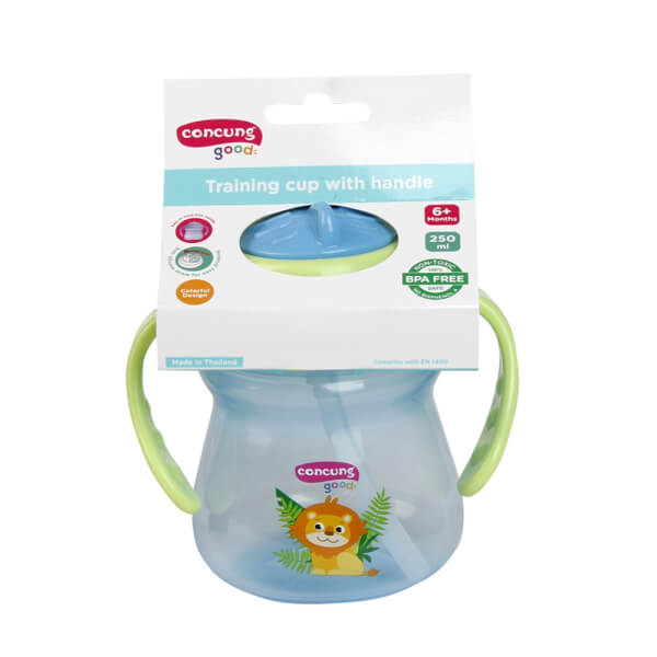 Bình tập uống ConCung Good nhựa PP ống hút silicone hai tay cầm (250ml, Xanh dương)