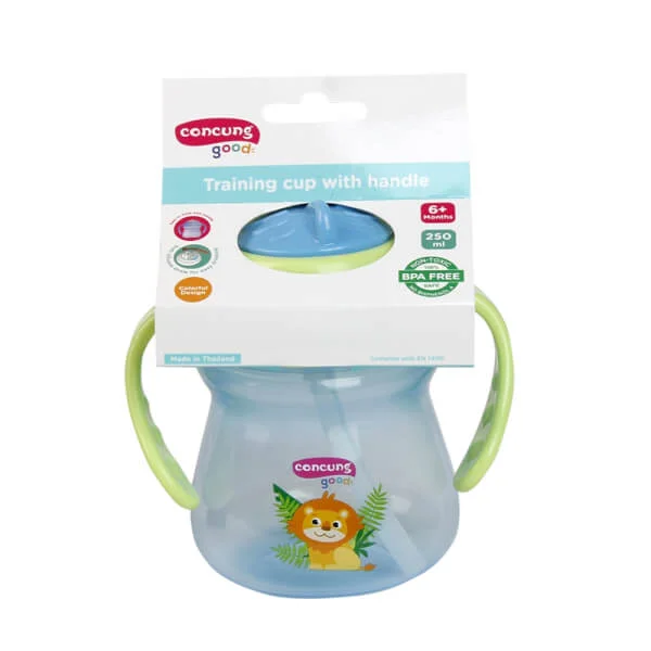 Bình tập uống ConCung Good nhựa PP ống hút silicone hai tay cầm (250ml, Xanh dương)