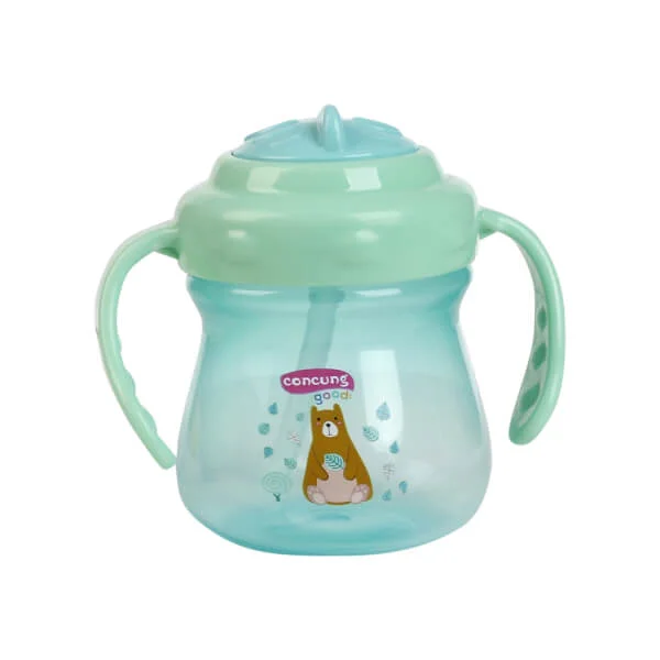 Bình tập uống ConCung Good nhựa PP ống hút silicone hai tay cầm (250ml, Xanh lá)