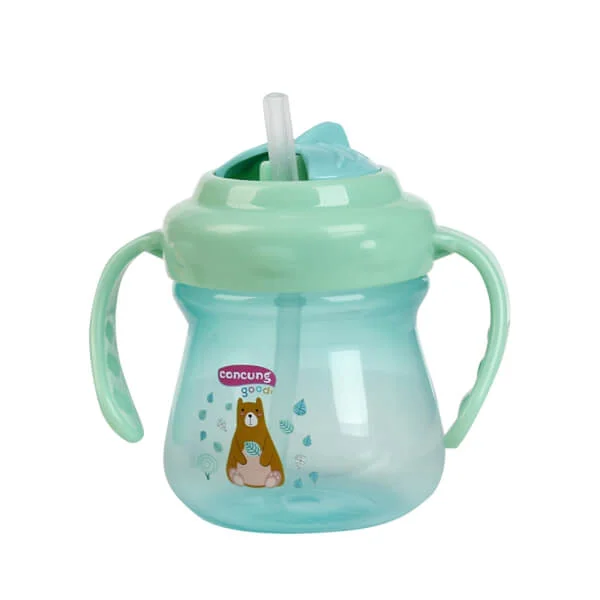 Bình tập uống ConCung Good nhựa PP ống hút silicone hai tay cầm (250ml, Xanh lá)