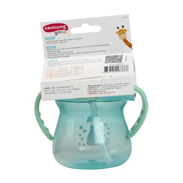 Bình tập uống ConCung Good nhựa PP ống hút silicone hai tay cầm (250ml, Xanh lá)