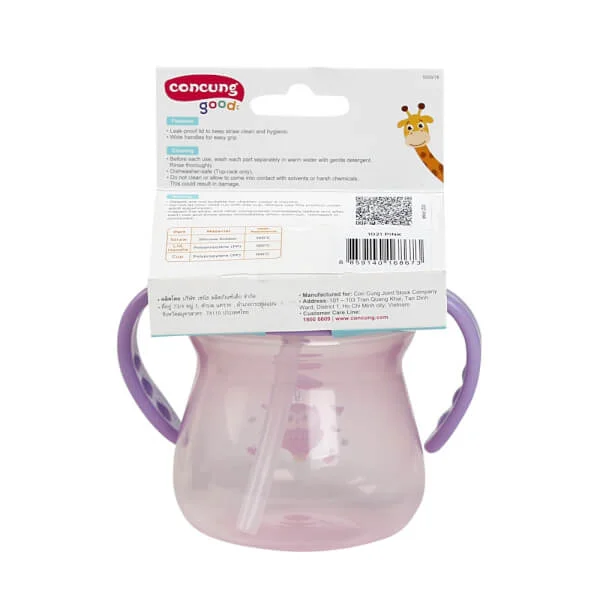 Bình tập uống ConCung Good nhựa PP ống hút silicone hai tay cầm (250ml,Hồng)