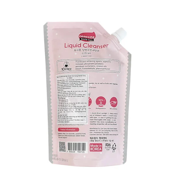 Nước rửa bình sữa Hàn Quốc ConCung Gentle Care, túi 500ML