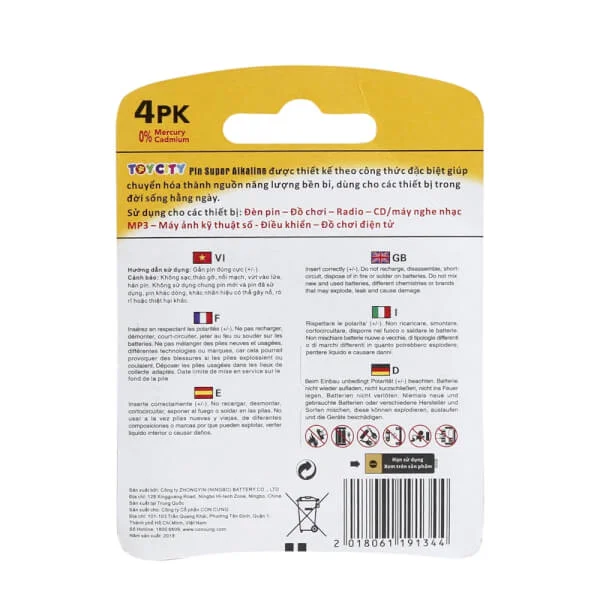 Pin AAA TOYCITY Super Alkaline - Vỉ 4 viên