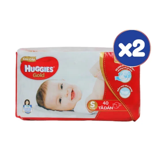 Combo 2 gói Tã dán Huggies Gold cao cấp đỏ (S, 4-8kg, 40 miếng)