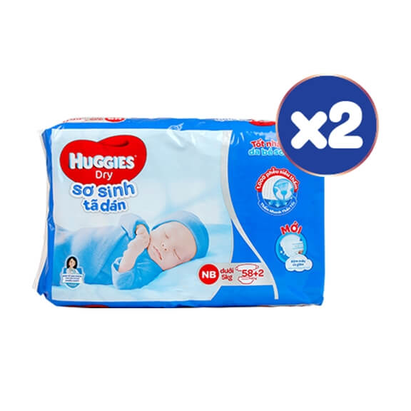 Combo 2 gói Tã dán sơ sinh Huggies (Newborn, dưới 5kg, 58 miếng)