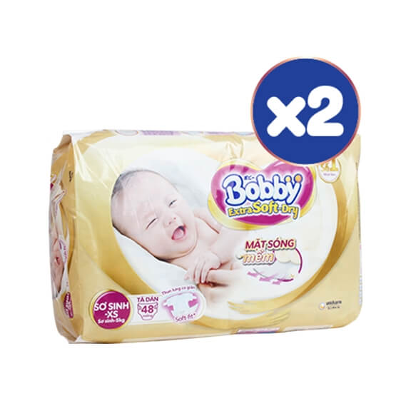 Combo 2 gói Tã dán Bobby cao cấp Extra Soft Dry (NB - XS, dưới 5kg, 48 miếng)