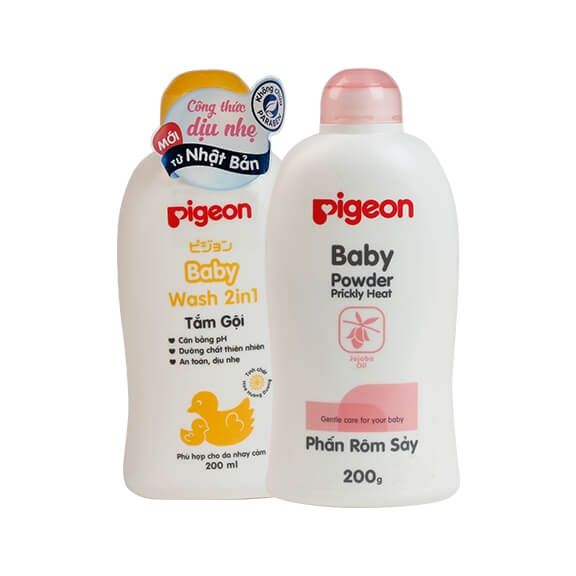 Combo tắm gội Pigeon hoa hướng dương 200ml không Paraben + Phấn rôm sảy nắp màu 200g