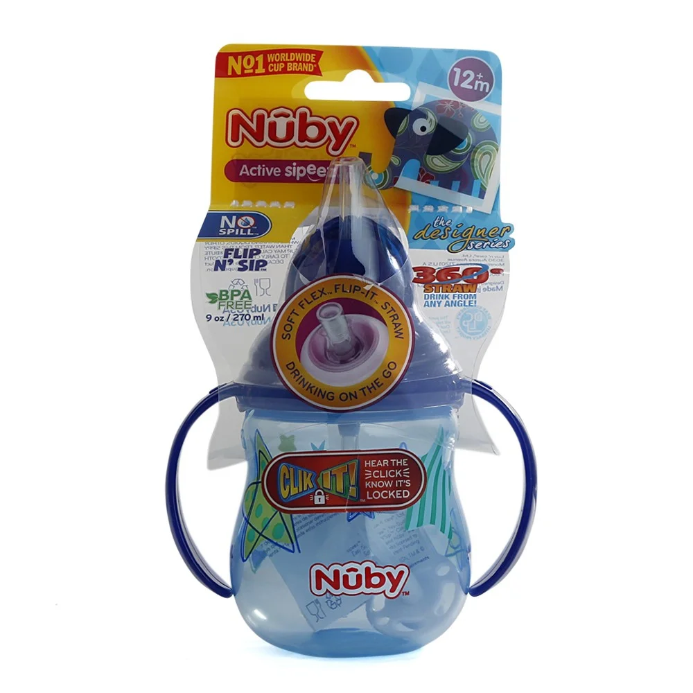 Bình uống nước ống hút Nuby, 2 tay cầm, dung tích 270ml Xanh dương