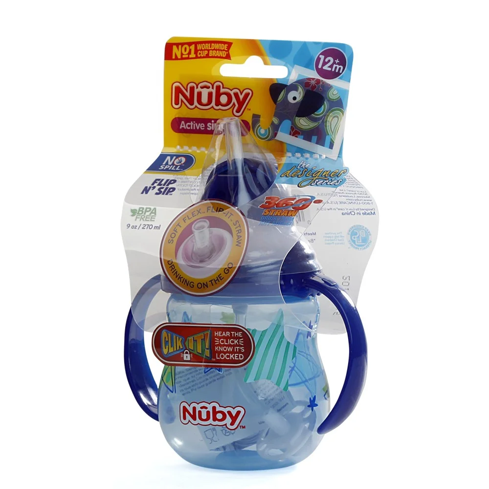Bình uống nước ống hút Nuby, 2 tay cầm, dung tích 270ml Xanh dương