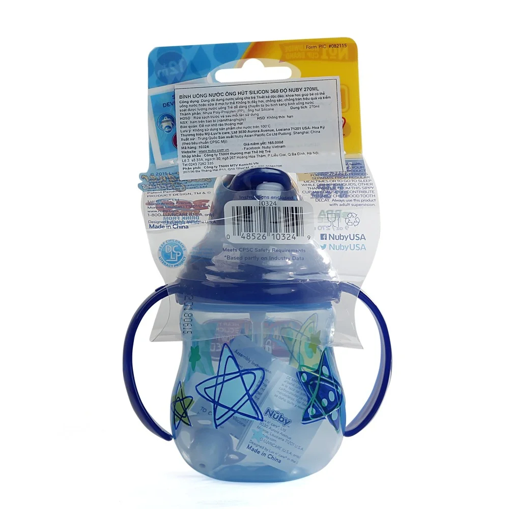 Bình uống nước ống hút Nuby, 2 tay cầm, dung tích 270ml Xanh dương