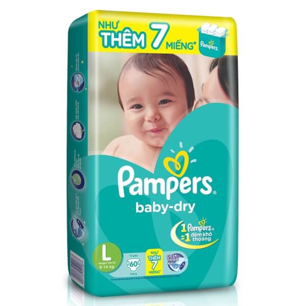 Tã dán Pampers jumbo, size L, 9-14kg, 60 miếng