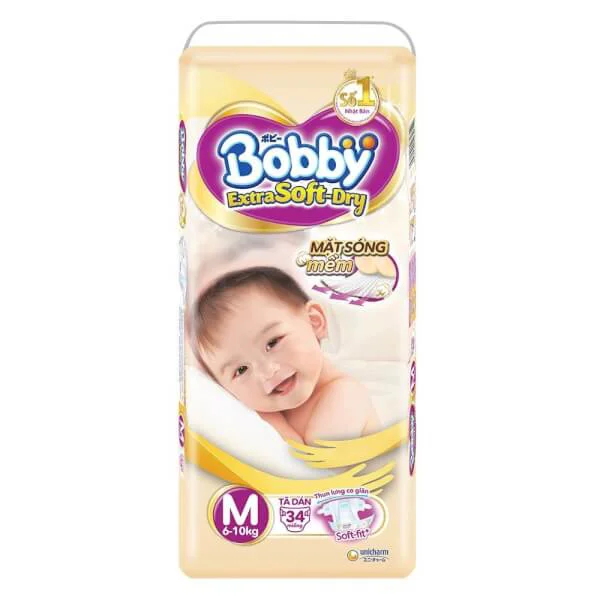 Tã dán Bobby cao cấp Extra Soft Dry (M, 6-10 kg, 34 miếng)