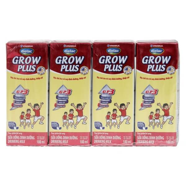 Sữa nước Vinamilk Dielac Grow Plus UHT 180ml, Lốc 4 hộp