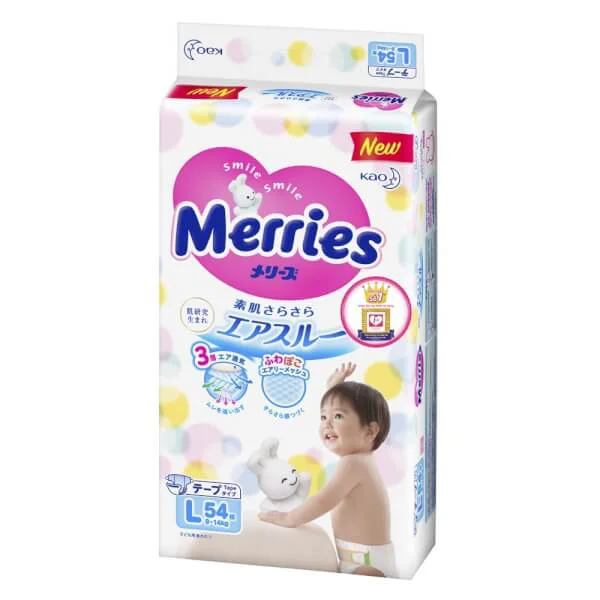 Combo 1 Bỉm tã dán Merries size L 54 miếng (9-14kg) và 1 Băng vệ sinh ngày Laurier siêu mỏng (22.5cm)