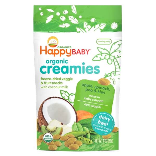 Snack rau và trái cây sấy khô với sữa dừa vị táo, rau bina, đậu xanh và kiwi Happy Baby Organic Creamies