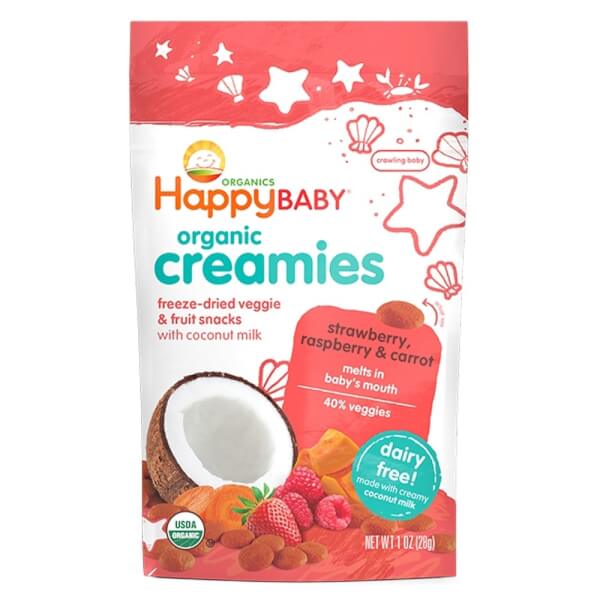 Snack rau và trái cây sấy khô với sữa dừa vị dâu, mâm xôi và cà rốt Happy Baby Organic Creamies