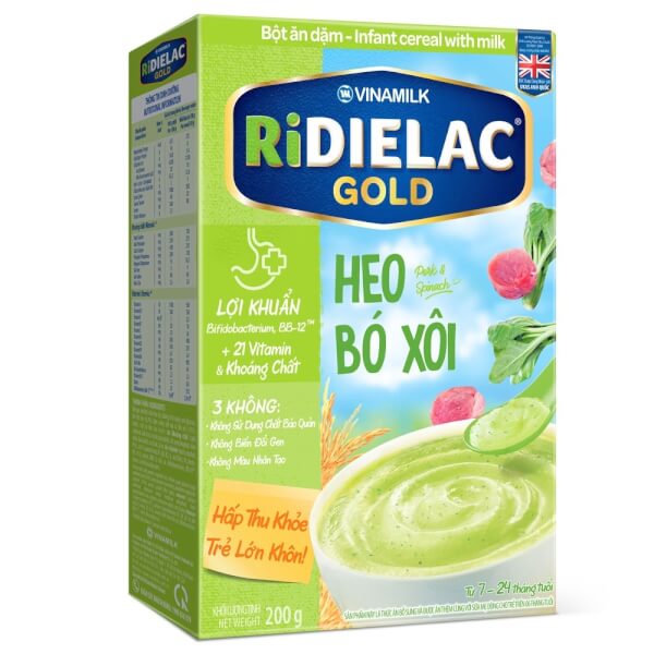 Combo 2 Bột ăn dặm RIDIELAC GOLD Heo bó xôi HG 200g và Cá hồi bông cải xanh HG 200g