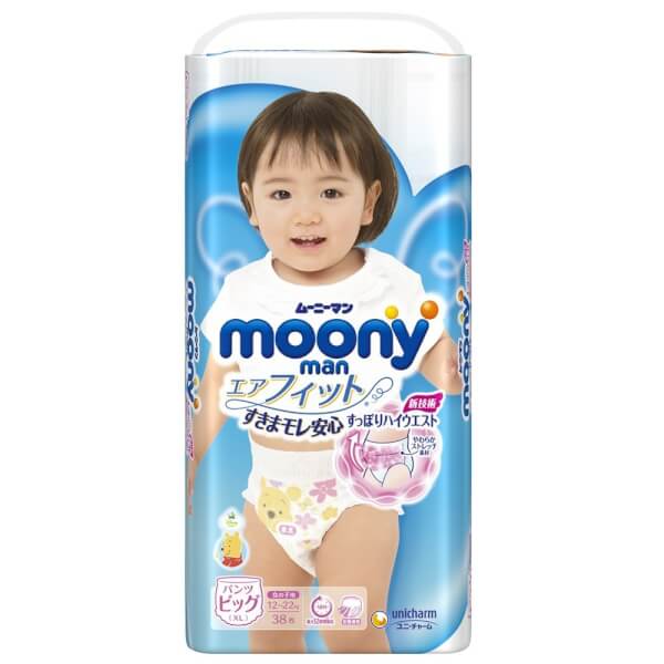 Bỉm tã quần Nhật cao cấp Moony bé gái size XL 38 miếng (12-22kg)