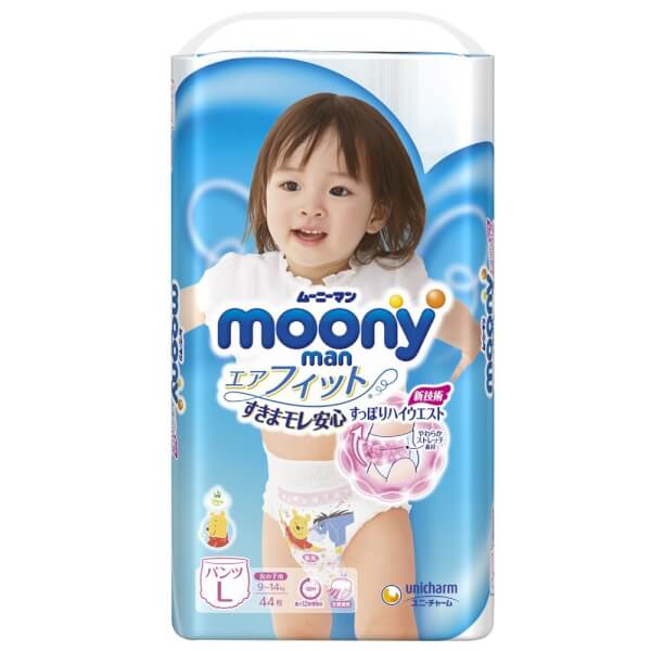 Bỉm tã quần Nhật cao cấp Moony bé gái size L 44 miếng (9-14kg)