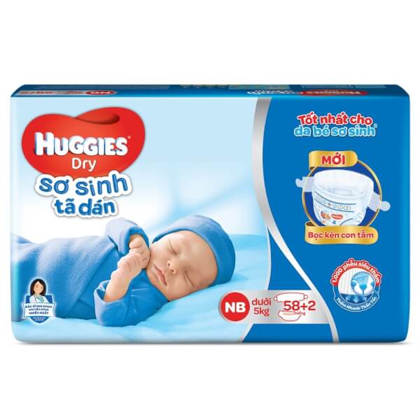 Bỉm tã dán sơ sinh Huggies size Newborn 58 + 2 miếng (dưới 5kg)