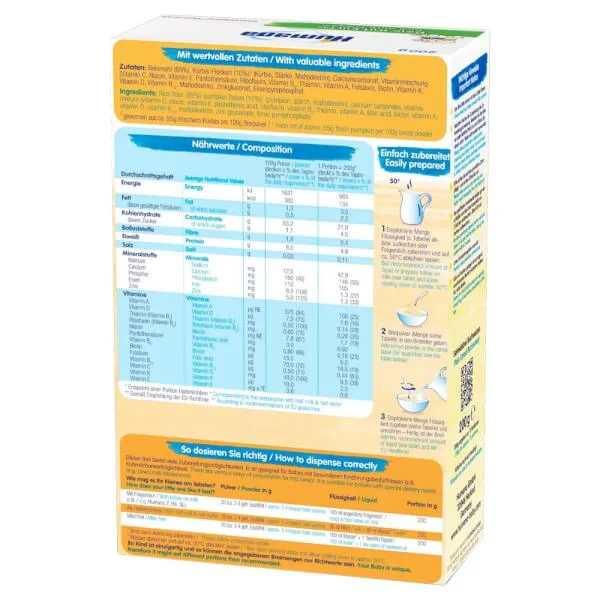 Bột dinh dưỡng ăn dặm Humana Gạo-Bí đỏ - Humana Getreidebrei Reis Mit Kurbis