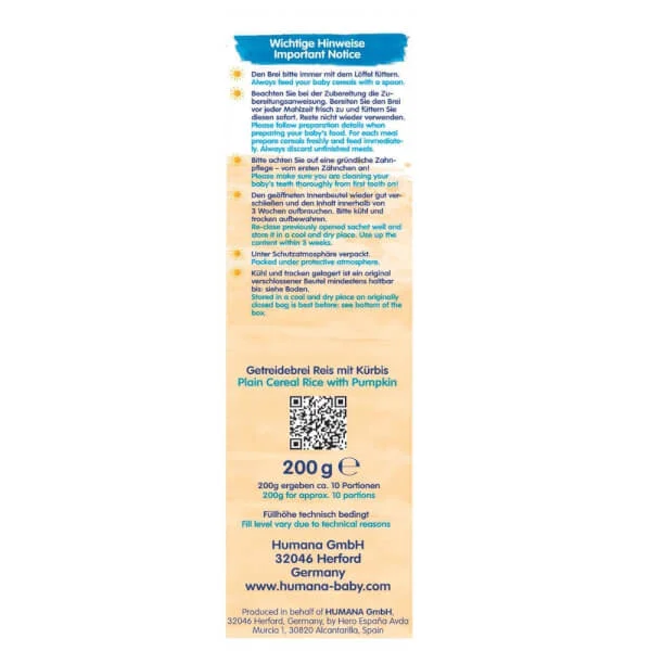 Bột dinh dưỡng ăn dặm Humana Gạo-Bí đỏ - Humana Getreidebrei Reis Mit Kurbis