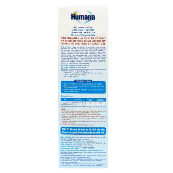 Bột dinh dưỡng ăn dặm Humana Gạo sữa - Humana Milchbrei Reis
