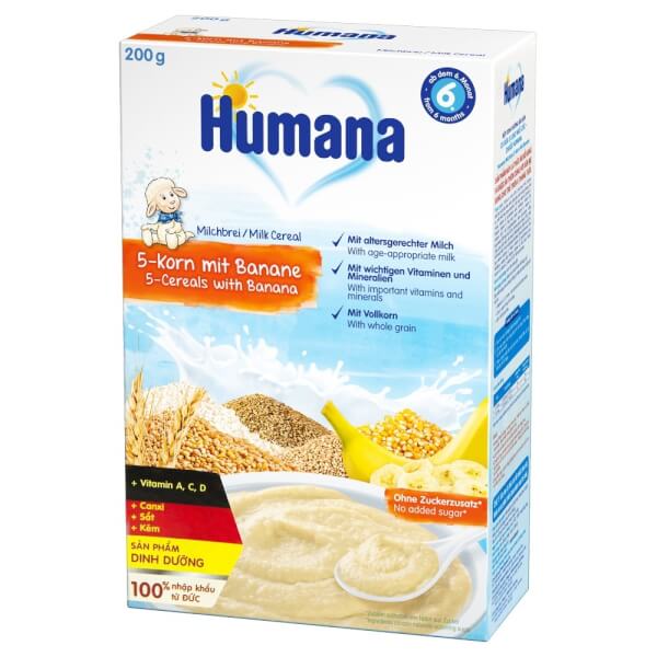 Bột dinh dưỡng ăn dặm Humana có sữa 5 loại ngũ cốc-chuối - Humana Milchbrei 5-Korn Mit Banane